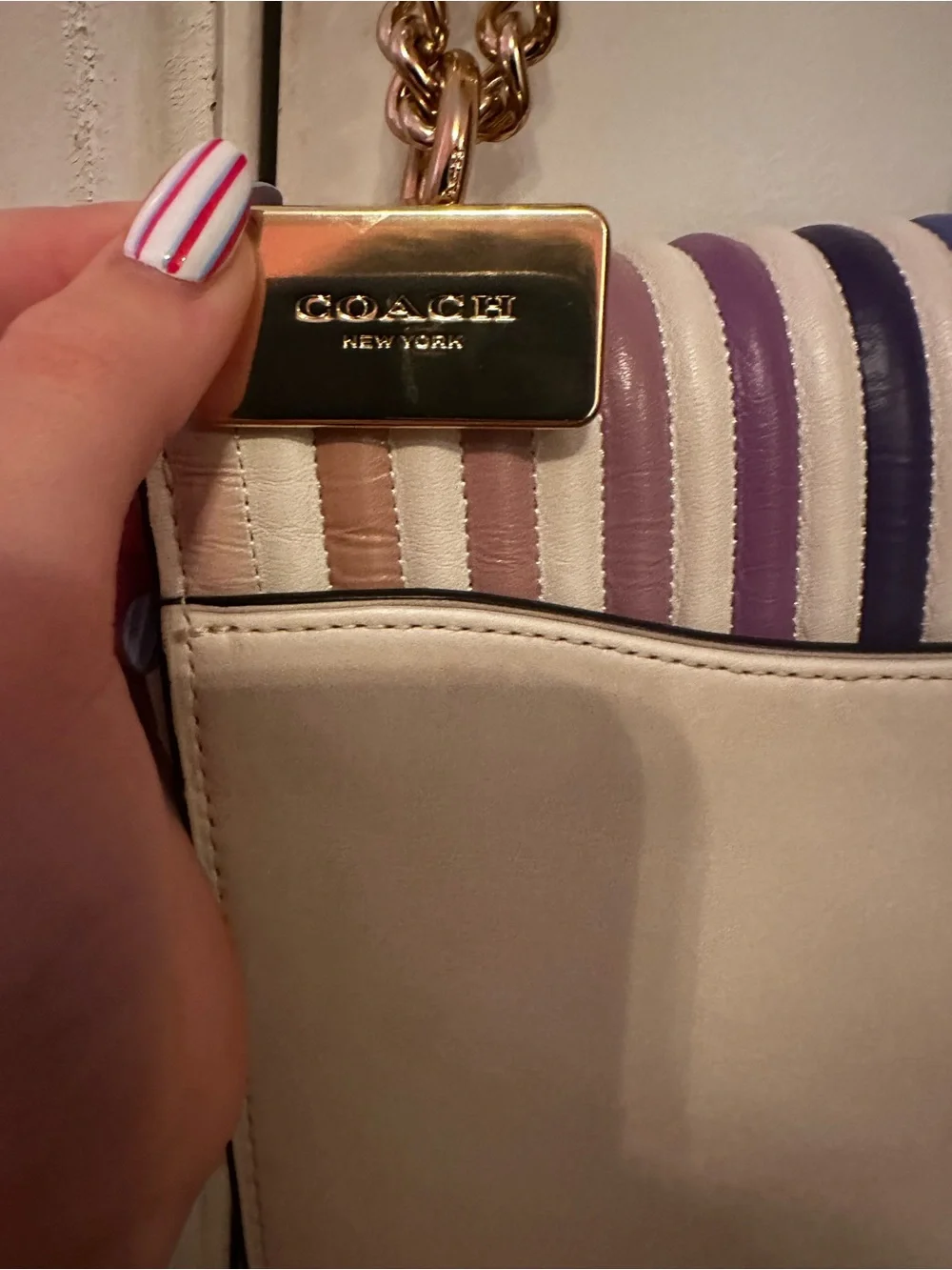 Coach White Leather Crossbody with Rainbow Stripe and Gold Chain like NEW